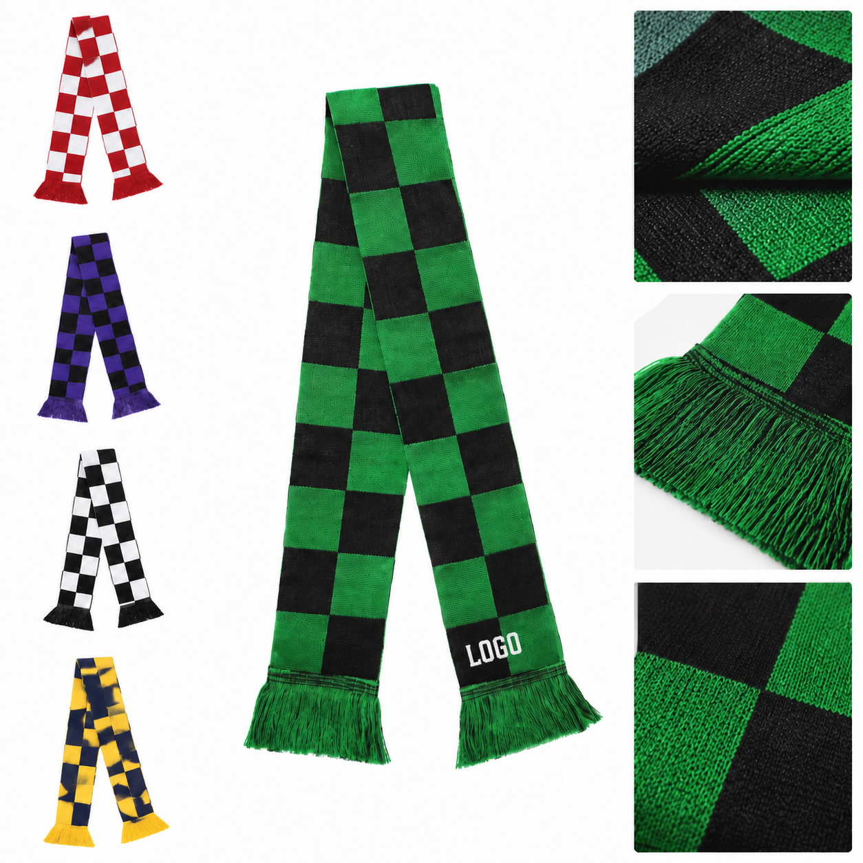 Checkered Thermal Knit Scarf with Fringed Edges