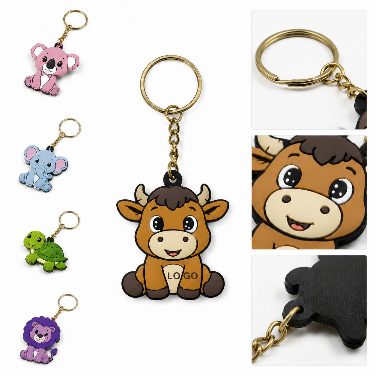 Soft-Touch 3D Molded Animal Shape PVC Keychain with Metal Ring