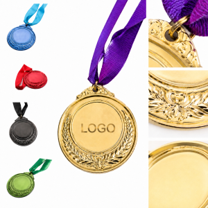 Polished Metallic Laurel Wreath Award Medallion with Neck Ribbon